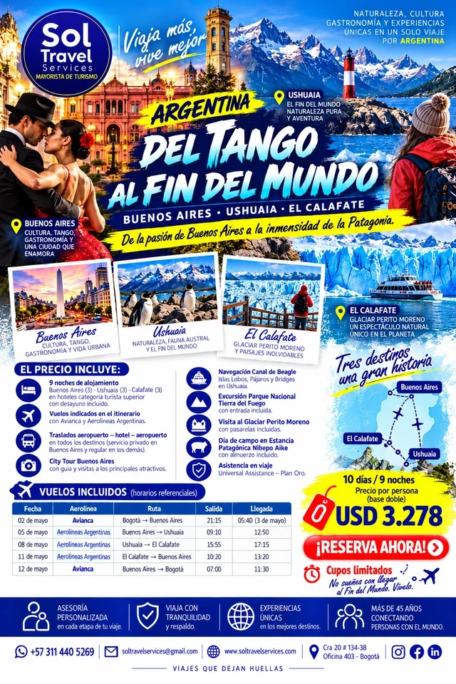 Folleto del programa Argentina: del tango al fin del mundo, de Sol Travel Services. El contenido está transcrito en esta página.