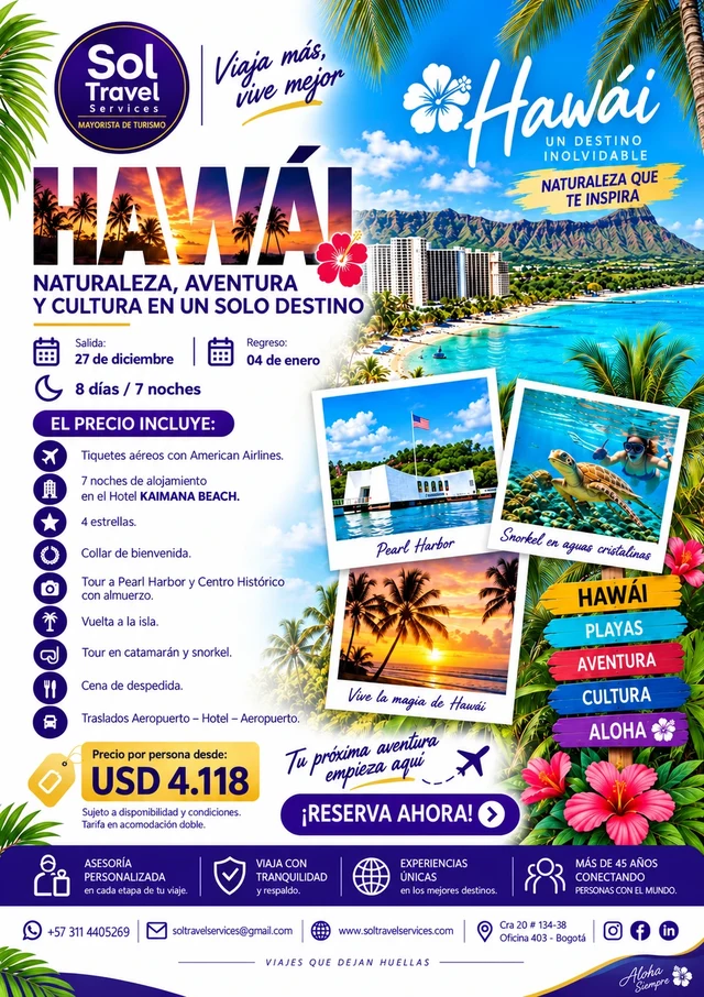 Folleto del programa Hawái de Sol Travel Services. El contenido está transcrito en esta página.