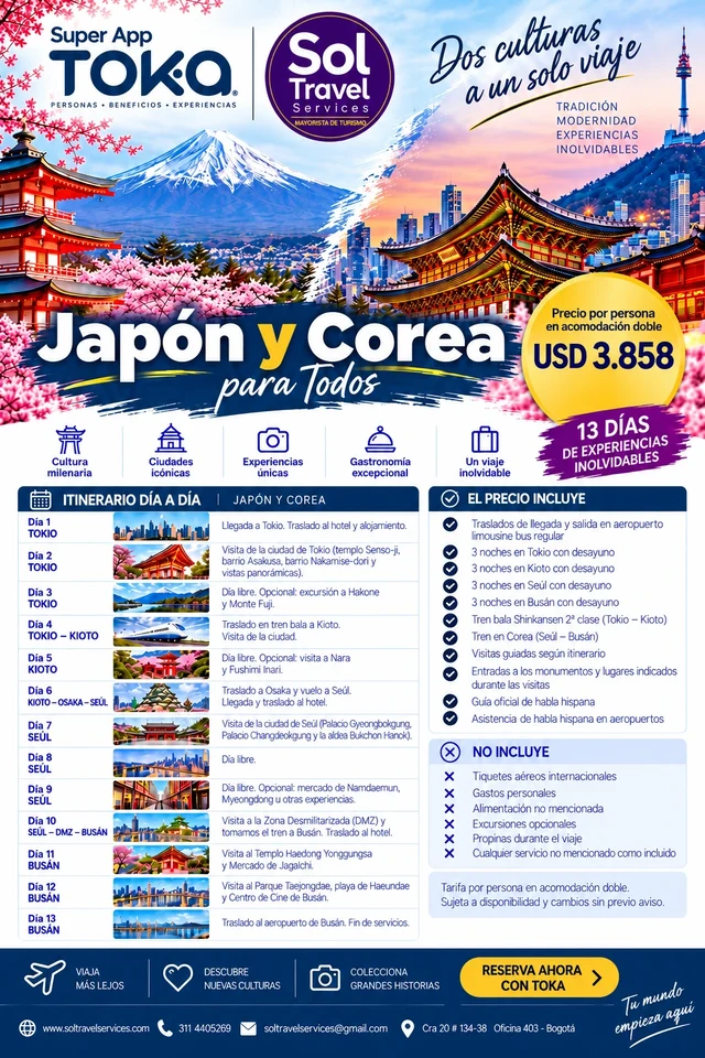 Folleto del programa Japón y Corea para Todos, de Sol Travel Services. El contenido está transcrito en esta página.